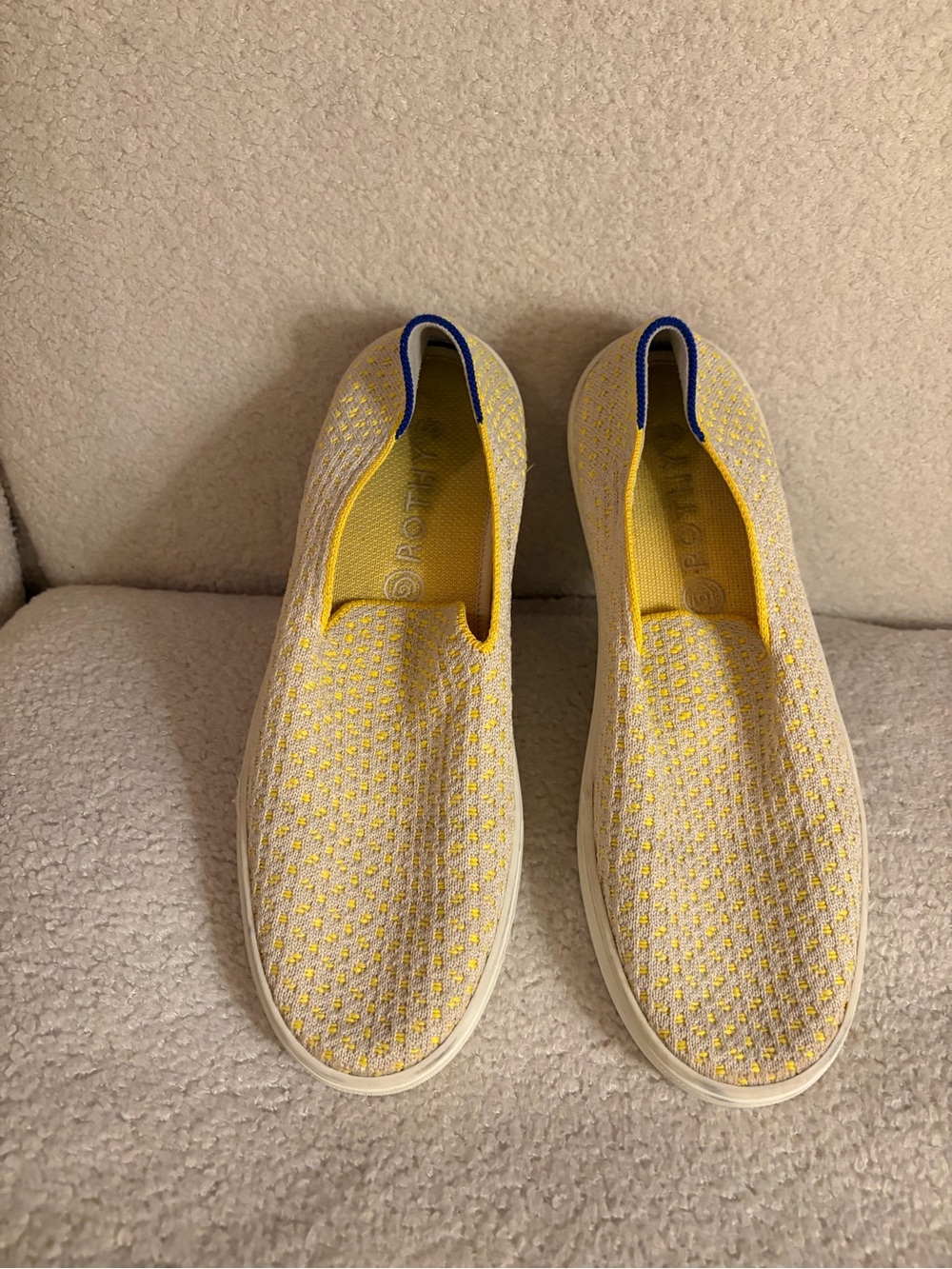 Rothy's Yellow Knit Slip-On Sneakers with Blue Heel Pull